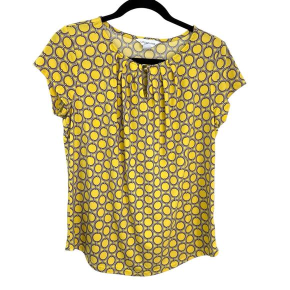 Liz Claiborne Top Medium Yellow Chain Print Slinky Knit Stretch Cap Sleeve Blous - Picture 1 of 8